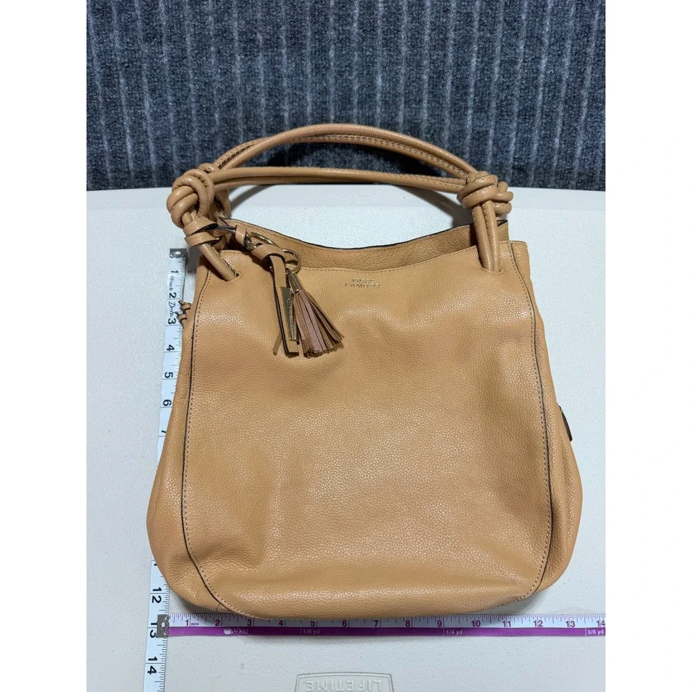 Vince‎ Camuto Hobo Bag Women Large Tan Pebbled Leather Knotted Tassel Casual